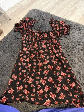 Trixxi Black Floral Puff-Sleeve Mini Dress with Pink Flowers